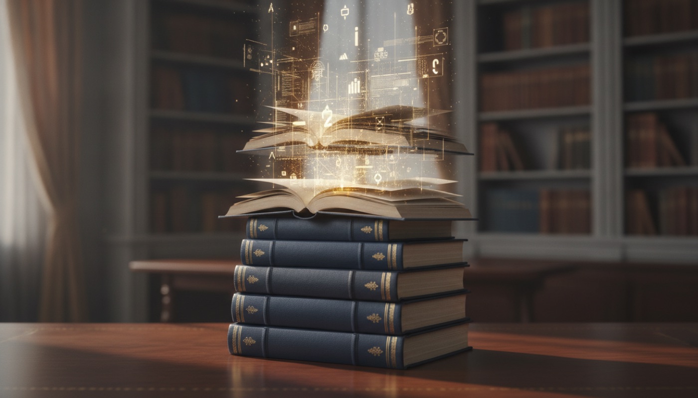 A stack of books with glowing index lines rising from the pages