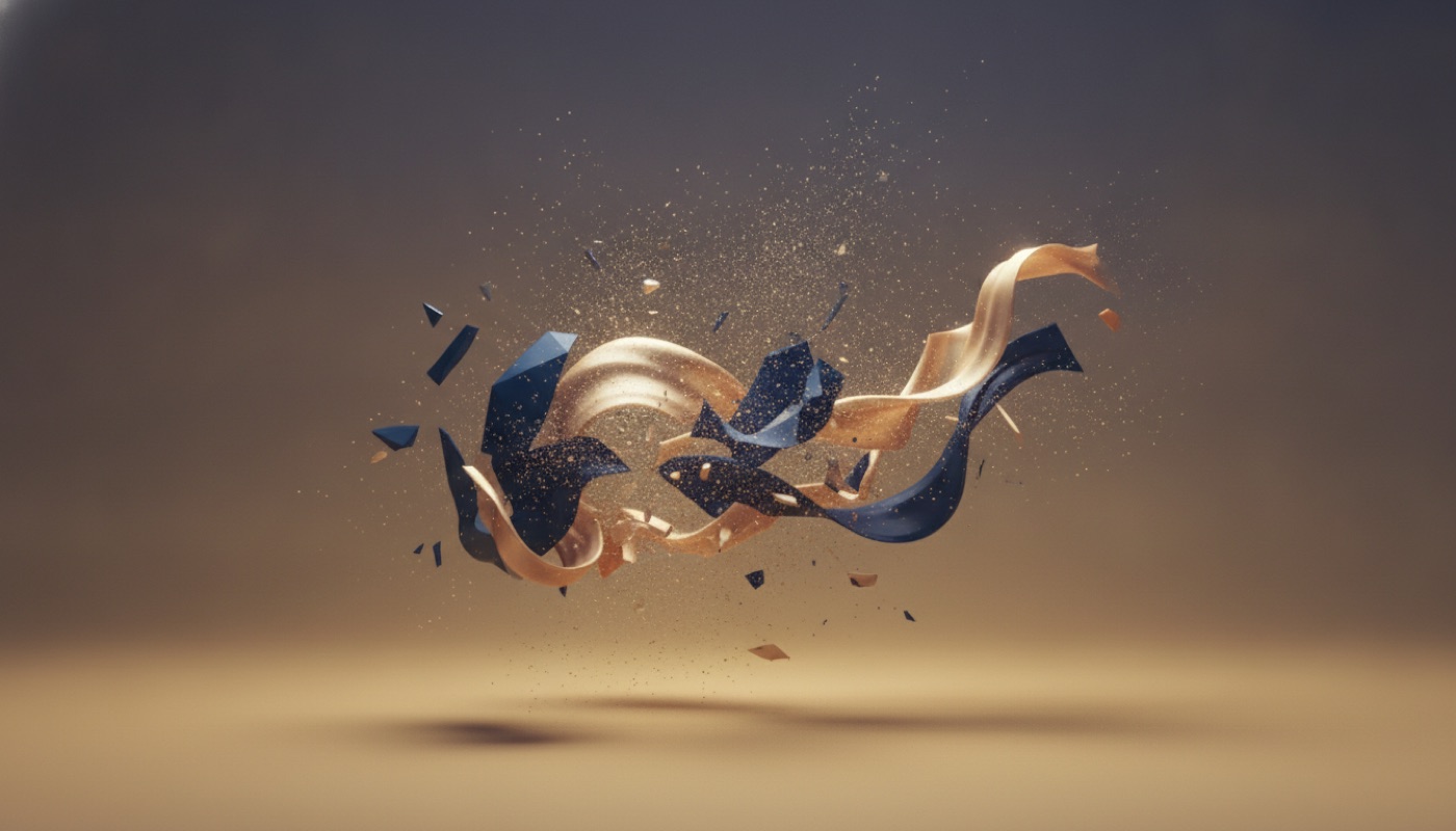 Digital shapes dissolving into scattered particles, representing an AI hallucination