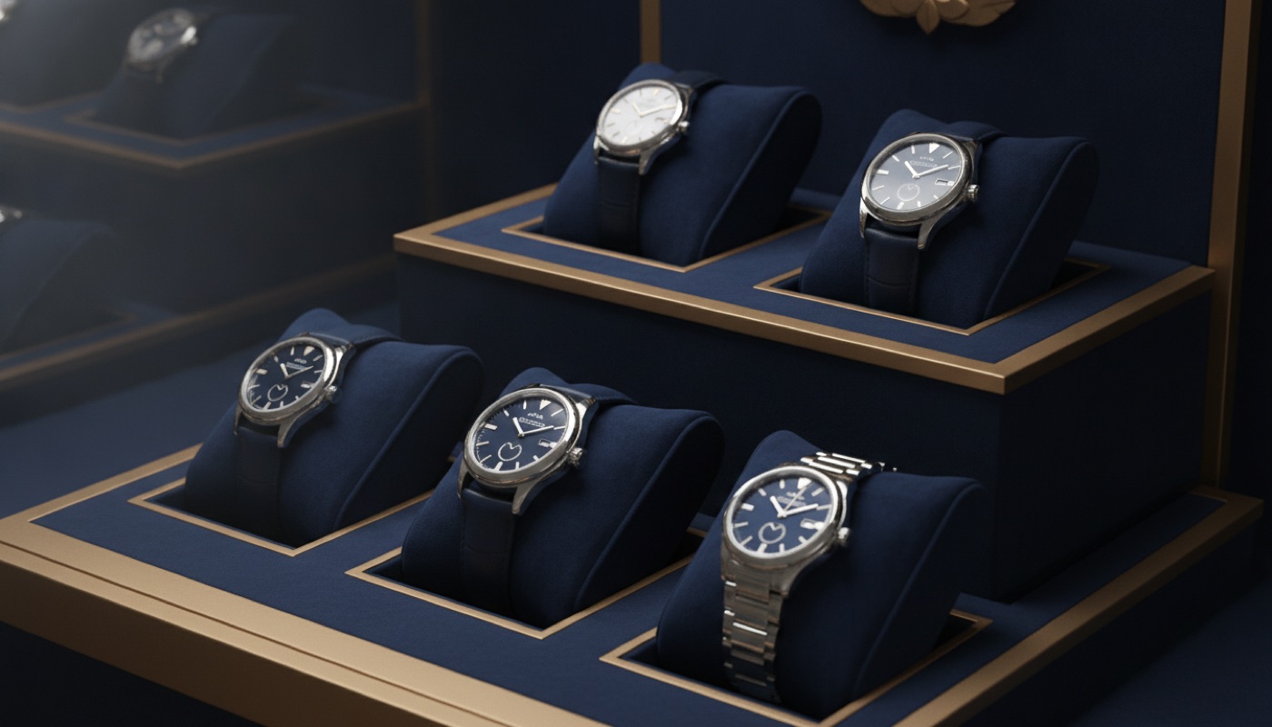Several luxury watches displayed on velvet cushions in a boutique window