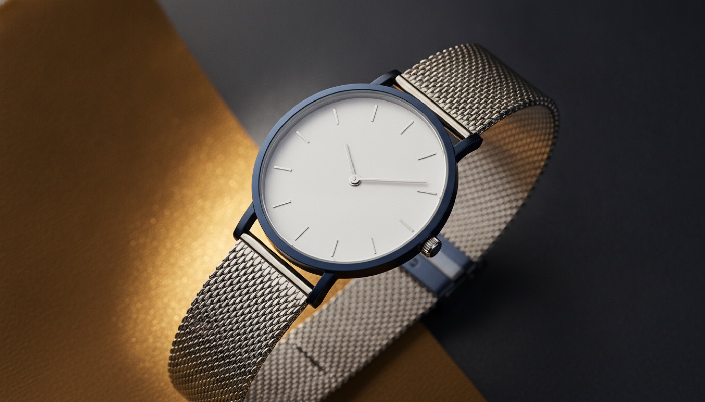 Targa DW1 watch — a minimalist white dial with slim hands on a steel mesh strap