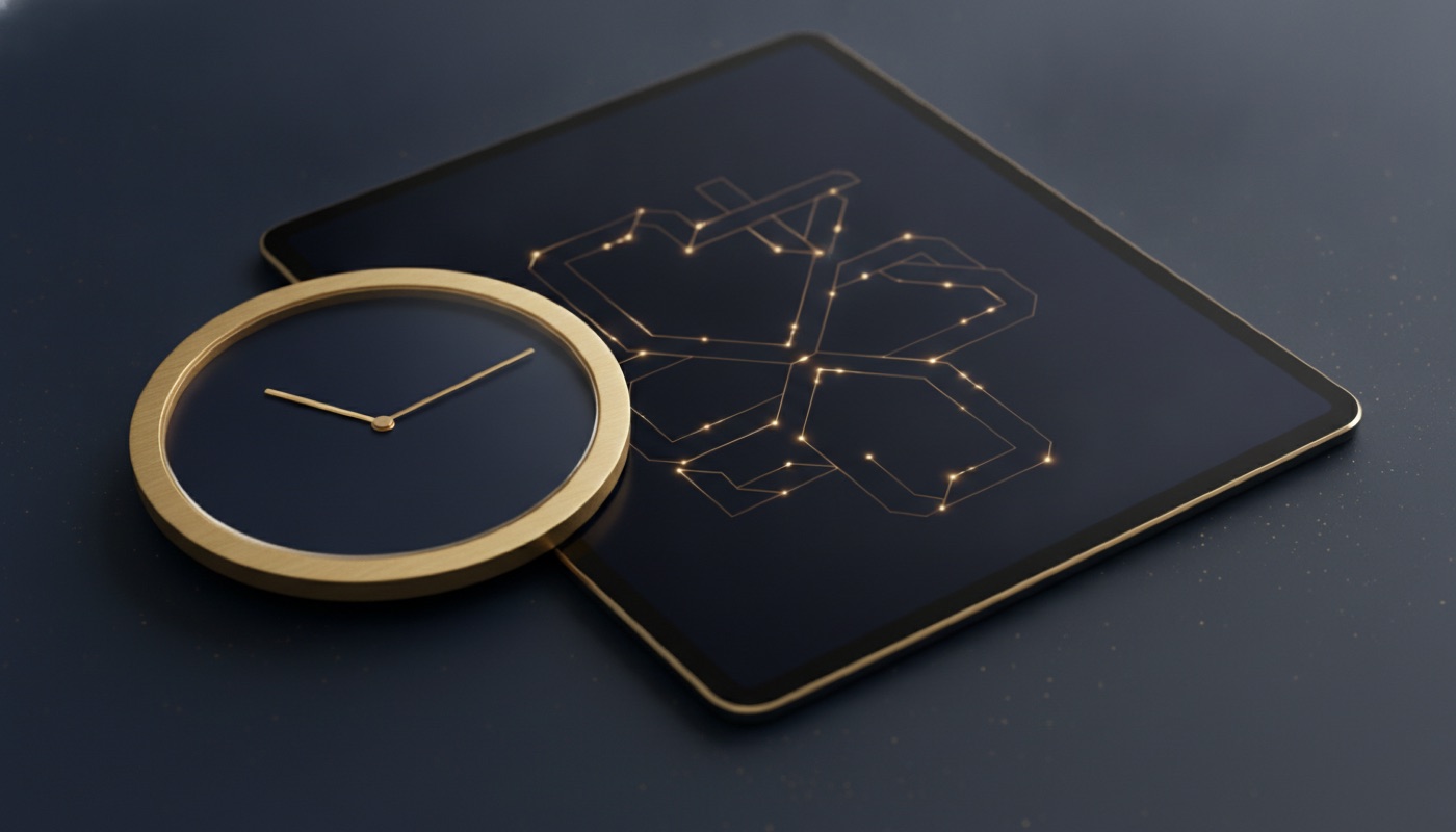 A minimal watch dial beside a minimal device interface, shown as a design study