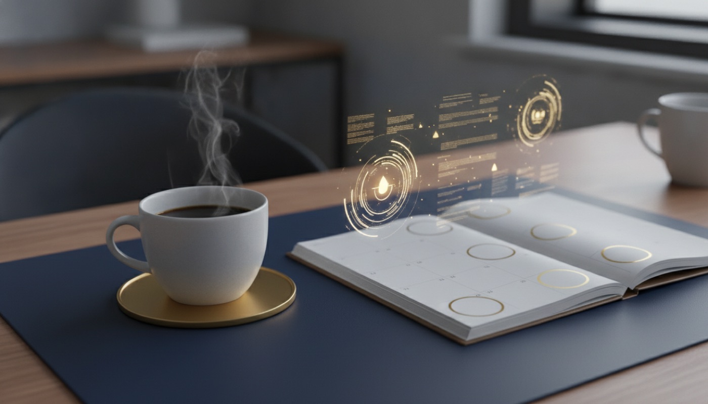 A morning desk with coffee and a calendar, with subtle digital assistant motifs