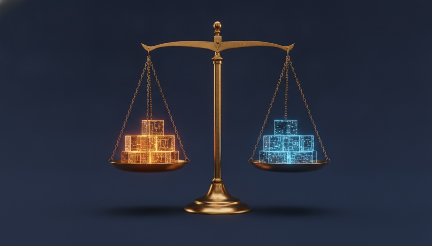 A brass balance scale weighing glowing digital cubes against each other