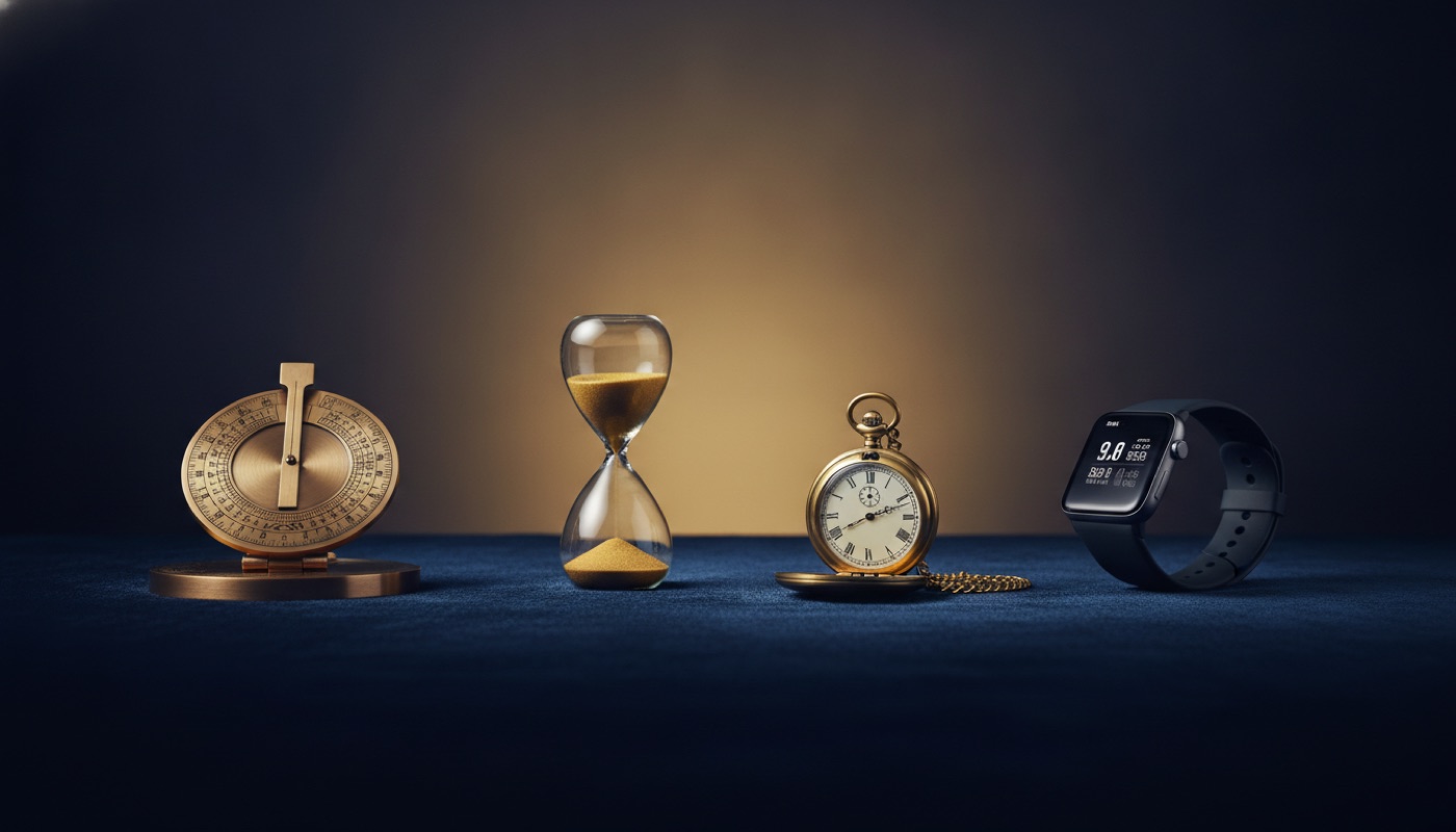 A sundial, hourglass, pocket watch and modern watch arranged as a timeline