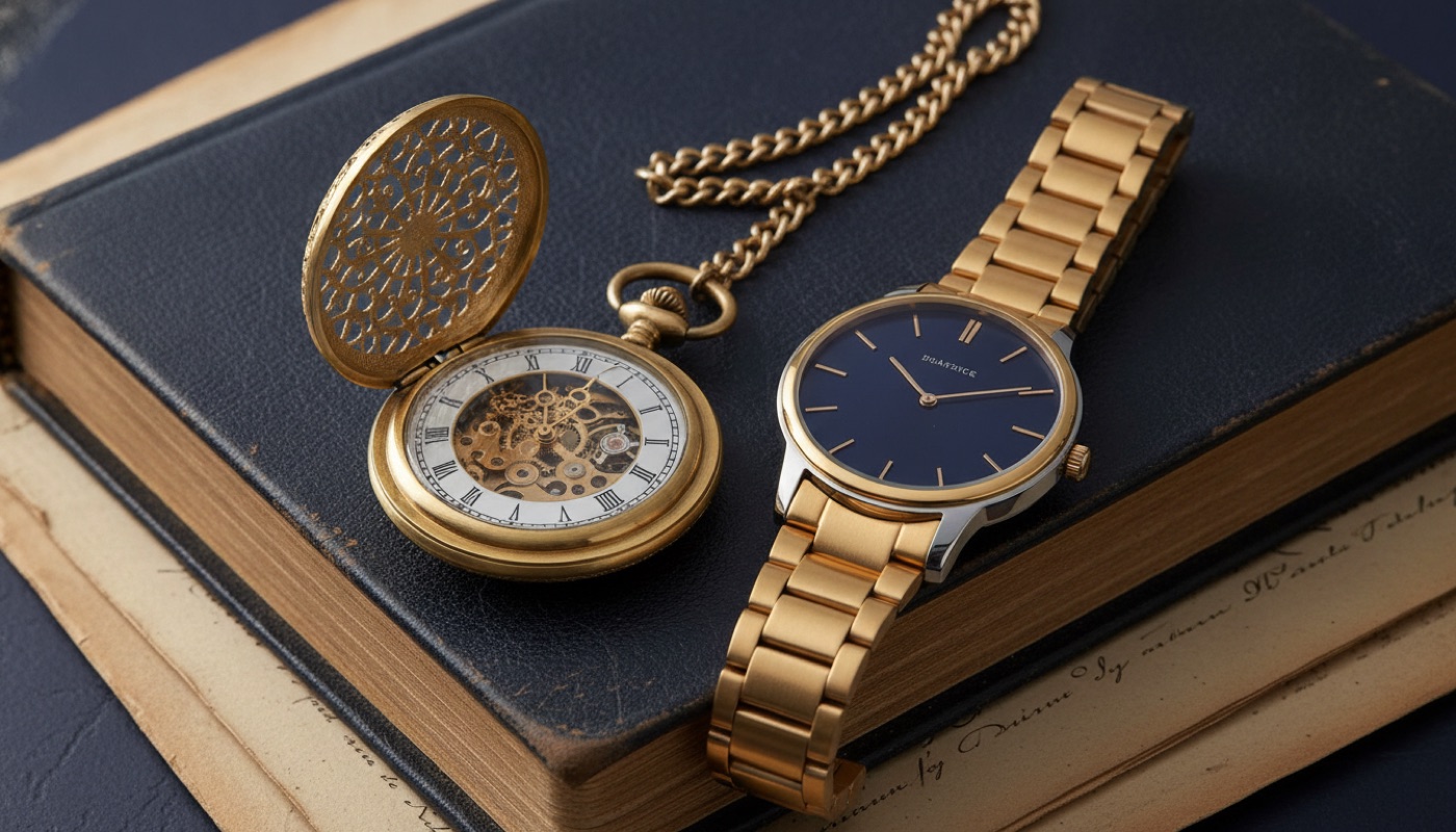 A vintage pocket watch beside a modern wristwatch on an aged leather journal