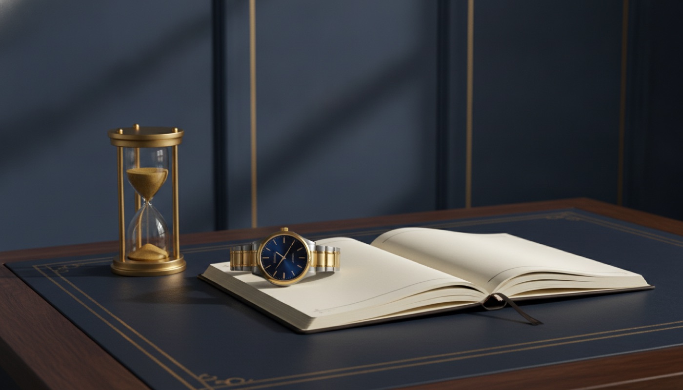 A desk arranged with a watch, notebook and hourglass in balanced composition