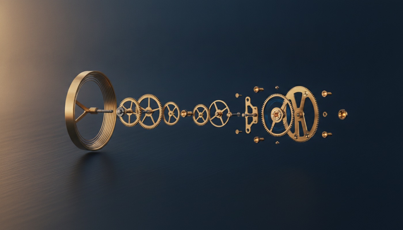 An exploded view of a mechanical watch movement showing the mainspring, gear train and escapement
