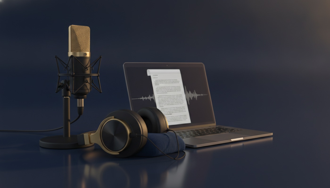A microphone and headphones beside a laptop displaying a transcript