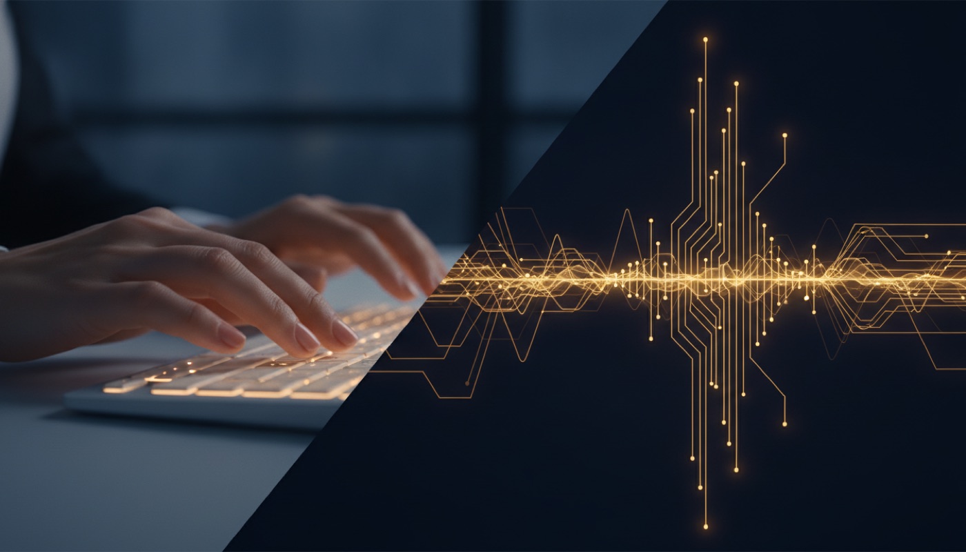 A split image of human hands typing and AI circuitry processing sound