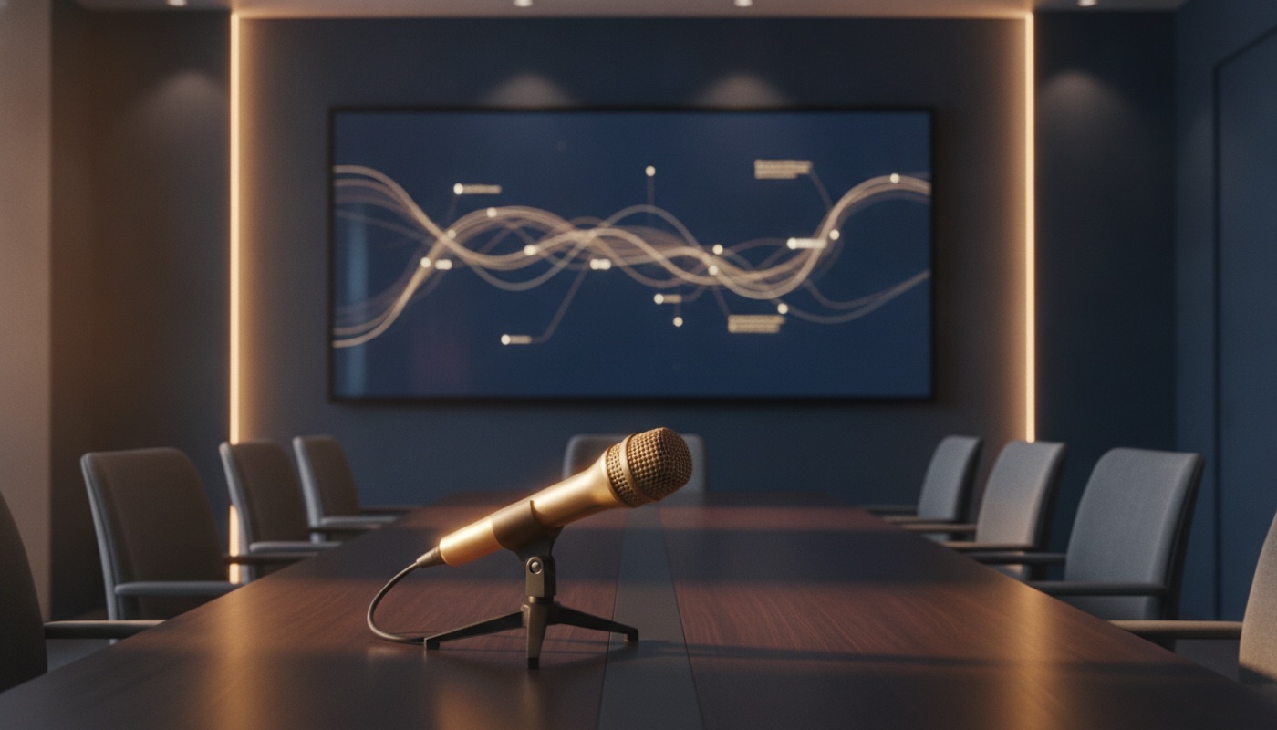 A conference microphone in focus in a modern meeting room