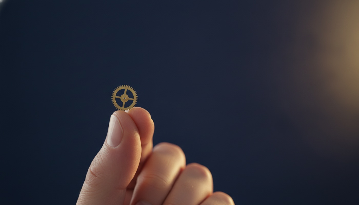 A single watch gear balanced on a fingertip in extreme close-up