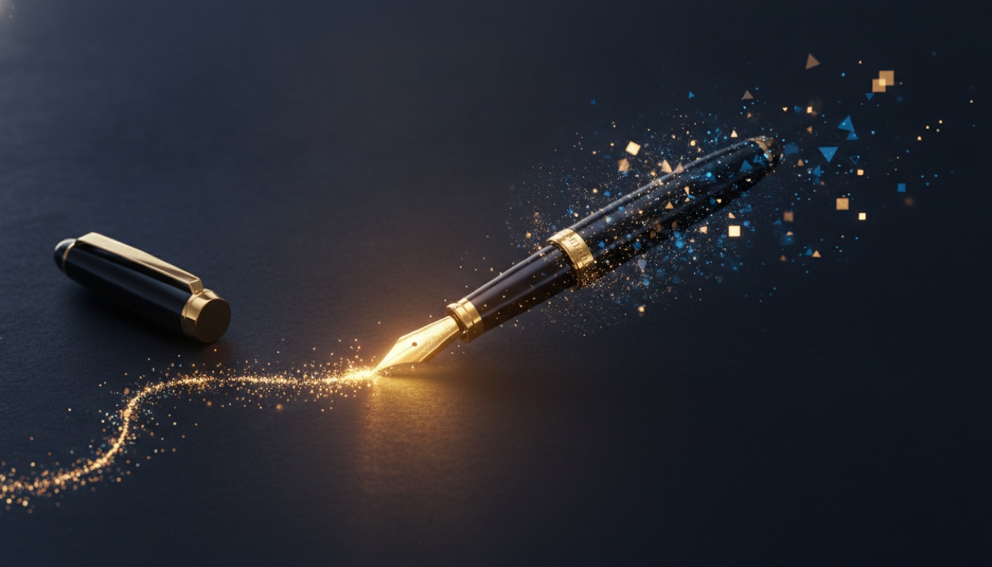 A fountain pen writing lines that dissolve into digital particles