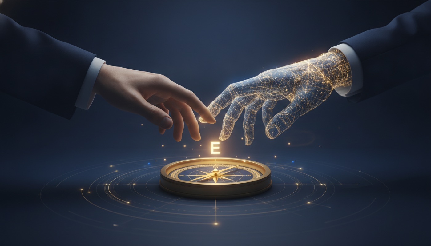 A human hand and a digital hand meeting above a compass
