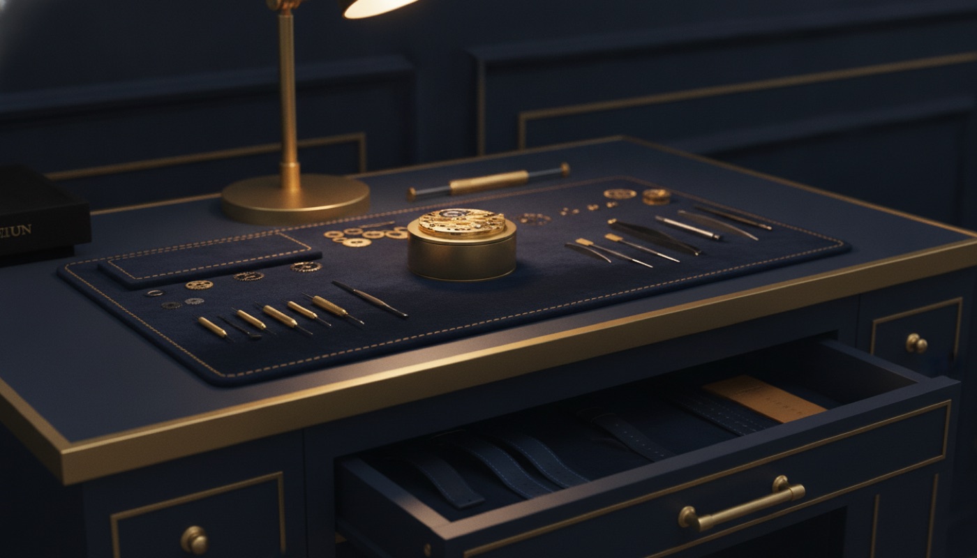 A watchmaking workbench with precision tools laid out in perfect order