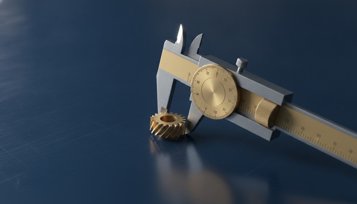 A micrometer measuring a tiny gear in engineering macro photography
