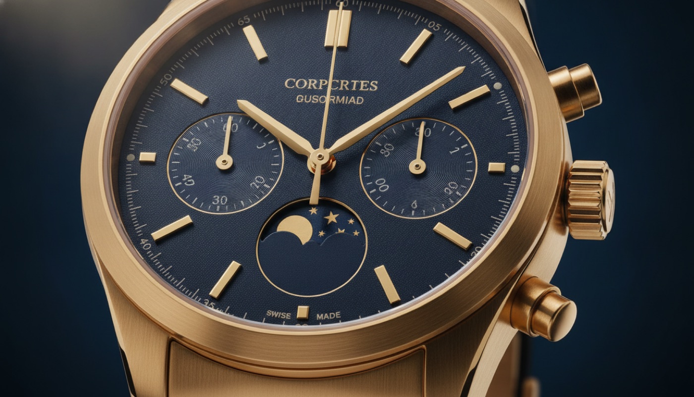 A watch dial with moonphase and chronograph complications shown in macro detail