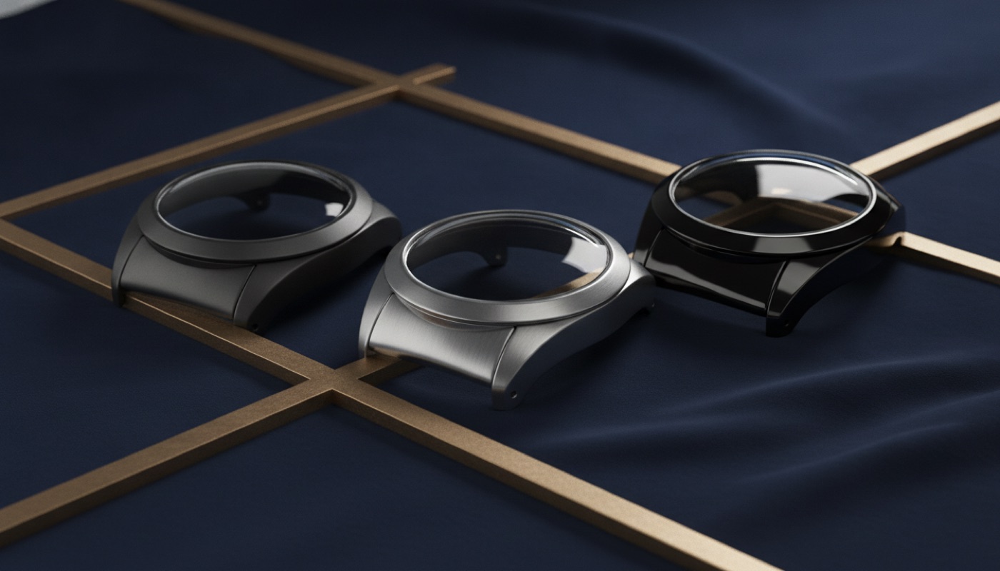 Watch cases in stainless steel, titanium and ceramic arranged beside a sapphire crystal