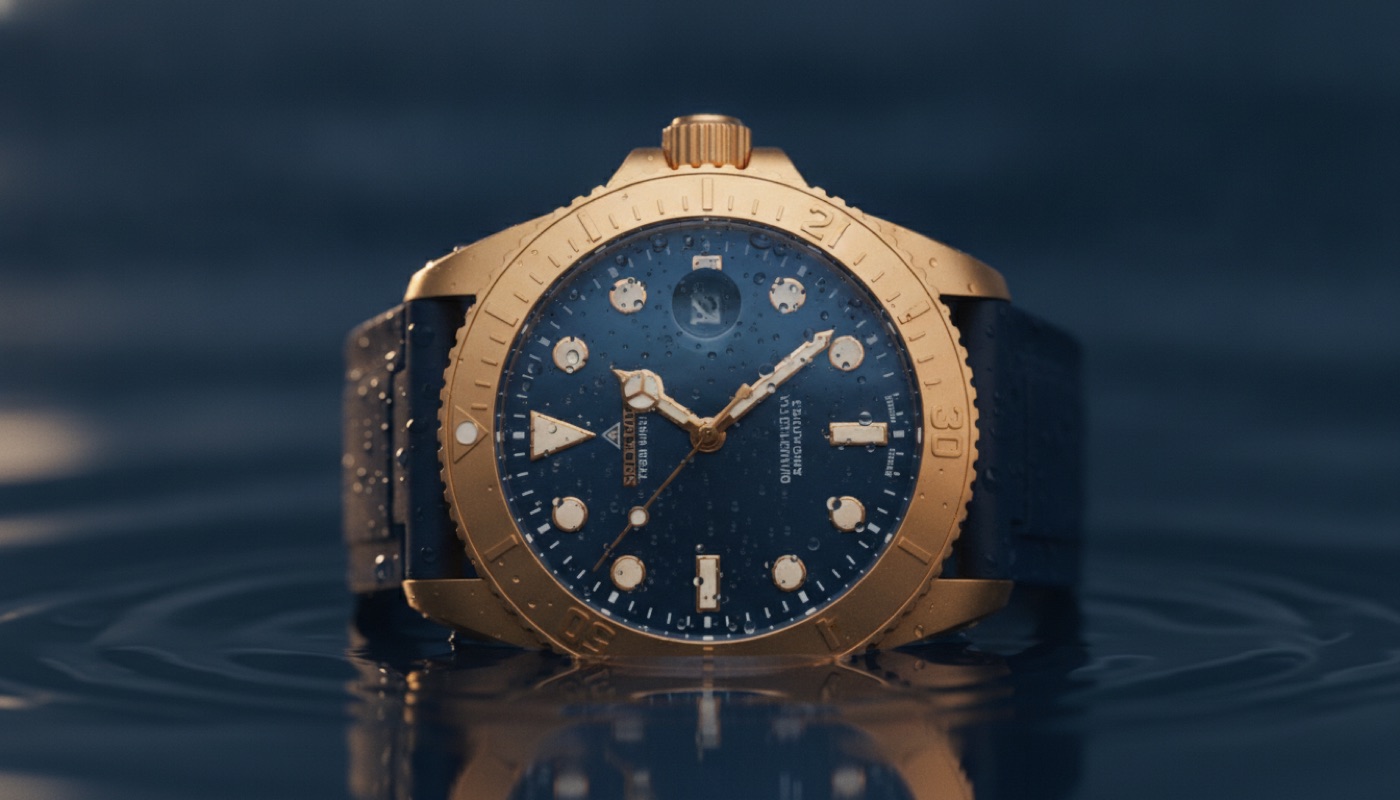 Water droplets beading on the sapphire crystal of a dive watch
